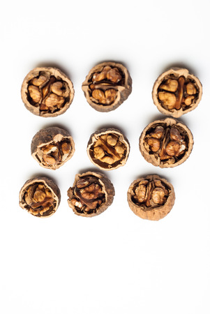 Photo of walnuts against white background with soft shadowの写真素材