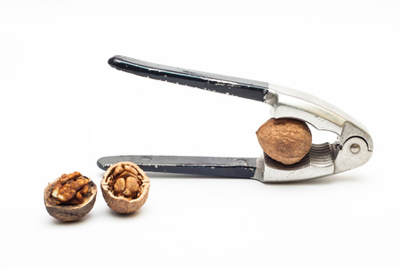 Group of walnuts with cracker against white background