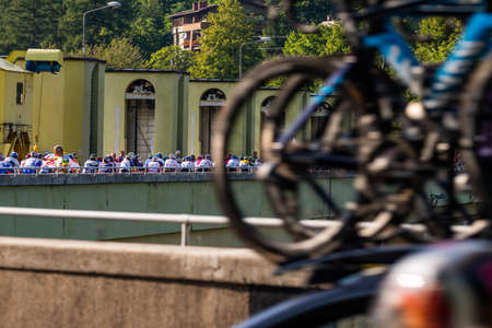 PORÄBKA NEAR BIELSKO-BIALA, POLAND - AUGUST 13, 2021: Cycling race "Tour de Pologne" 2021, stage 5 from Chocholow, Czarny Dunajec (pol. ChochoÅÃ³w) to Bielsko-BiaÅa, professional cyclist riding throught streets in PorÄbka, near Kocierz, Przegibek and のeditorial素材