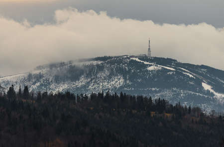 BIELSKO-BIALA, POLAND - January 04, 2022: Panoramic view at Skrzyczne Mountain in Beskids, Poland. View from Hrobacza Meadowのeditorial素材