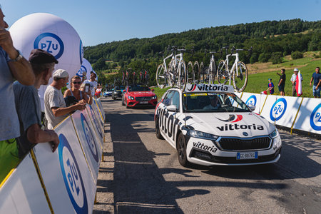 BUDZOW, POLAND - AUGUST 5, 2022: Cycling race "Tour de Pologne" 2022, stage 7 from Skawina to Krakow, professional cyclist riding uphill (KoM in BudzÃ³w)のeditorial素材