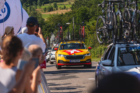 BUDZOW, POLAND - AUGUST 5, 2022: Cycling race "Tour de Pologne" 2022, stage 7 from Skawina to Krakow, professional cyclist riding uphill (KoM in BudzÃ³w)のeditorial素材
