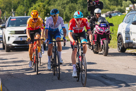 BUDZOW, POLAND - AUGUST 5, 2022: Cycling race "Tour de Pologne" 2022, stage 7 from Skawina to Krakow, professional cyclist riding uphill (KoM in BudzÃ³w)のeditorial素材