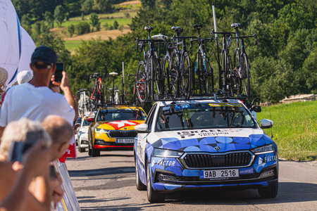 BUDZOW, POLAND - AUGUST 5, 2022: Cycling race "Tour de Pologne" 2022, stage 7 from Skawina to Krakow, professional cyclist riding uphill (KoM in BudzÃ³w)のeditorial素材