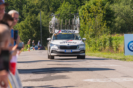 BUDZOW, POLAND - AUGUST 5, 2022: Cycling race "Tour de Pologne" 2022, stage 7 from Skawina to Krakow, professional cyclist riding uphill (KoM in BudzÃ³w)のeditorial素材