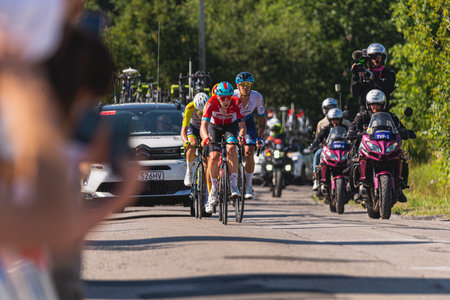 BUDZOW, POLAND - AUGUST 5, 2022: Cycling race "Tour de Pologne" 2022, stage 7 from Skawina to Krakow, professional cyclist riding uphill (KoM in BudzÃ³w)のeditorial素材