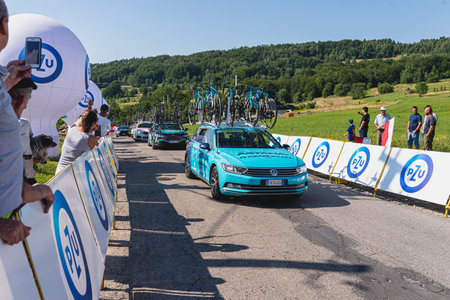 BUDZOW, POLAND - AUGUST 5, 2022: Cycling race "Tour de Pologne" 2022, stage 7 from Skawina to Krakow, professional cyclist riding uphill (KoM in BudzÃ³w)のeditorial素材