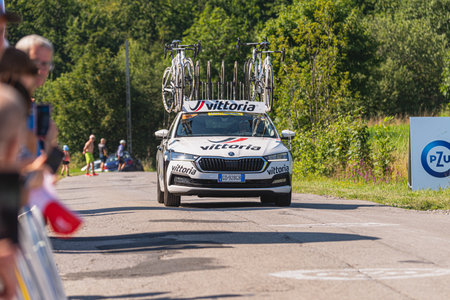 BUDZOW, POLAND - AUGUST 5, 2022: Cycling race "Tour de Pologne" 2022, stage 7 from Skawina to Krakow, professional cyclist riding uphill (KoM in BudzÃ³w)のeditorial素材