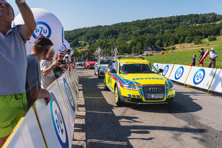 BUDZOW, POLAND - AUGUST 5, 2022: Cycling race "Tour de Pologne" 2022, stage 7 from Skawina to Krakow, professional cyclist riding uphill (KoM in BudzÃ³w)のeditorial素材
