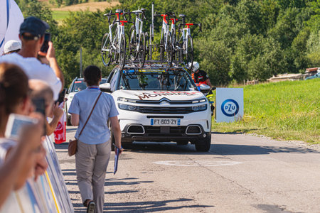 BUDZOW, POLAND - AUGUST 5, 2022: Cycling race "Tour de Pologne" 2022, stage 7 from Skawina to Krakow, professional cyclist riding uphill (KoM in BudzÃ³w)のeditorial素材