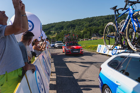 BUDZOW, POLAND - AUGUST 5, 2022: Cycling race "Tour de Pologne" 2022, stage 7 from Skawina to Krakow, professional cyclist riding uphill (KoM in BudzÃ³w)のeditorial素材