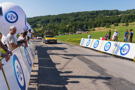 BUDZOW, POLAND - AUGUST 5, 2022: Cycling race "Tour de Pologne" 2022, stage 7 from Skawina to Krakow, professional cyclist riding uphill (KoM in BudzÃ³w)のeditorial素材