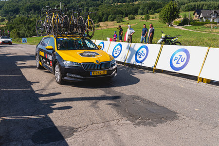 BUDZOW, POLAND - AUGUST 5, 2022: Cycling race "Tour de Pologne" 2022, stage 7 from Skawina to Krakow, professional cyclist riding uphill (KoM in BudzÃ³w)のeditorial素材