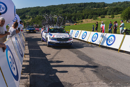 BUDZOW, POLAND - AUGUST 5, 2022: Cycling race "Tour de Pologne" 2022, stage 7 from Skawina to Krakow, professional cyclist riding uphill (KoM in BudzÃ³w)のeditorial素材