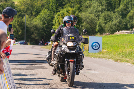 BUDZOW, POLAND - AUGUST 5, 2022: Cycling race "Tour de Pologne" 2022, stage 7 from Skawina to Krakow, professional cyclist riding uphill (KoM in BudzÃ³w)のeditorial素材