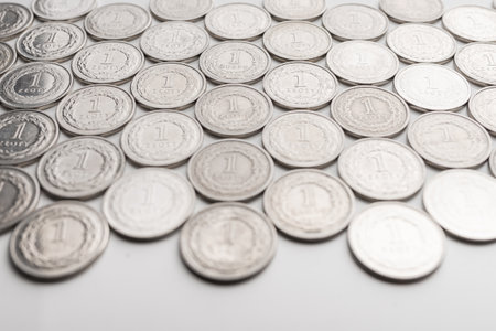 Photo of Polish Zloty coins. 1 PLN coin background on the white table.の写真素材