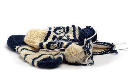 A pair of knitting Socks isolated on white backgroundの写真素材