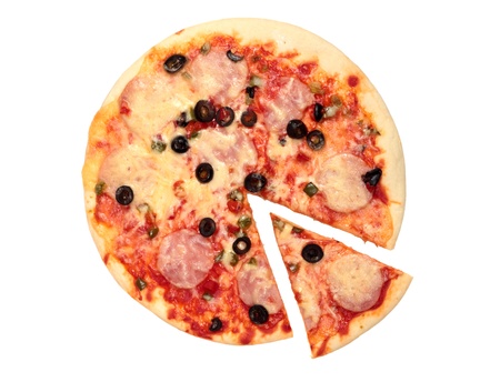 Pizza with ham and olives isolated on white backgroundの写真素材