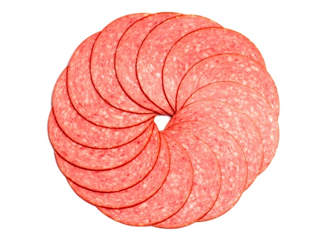 Sausage slices isolated on white backgroundの写真素材