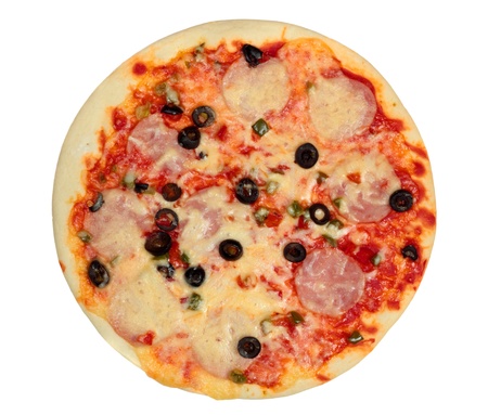 Pizza with ham and olives isolated on white backgroundの写真素材