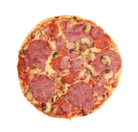 Pizza with sausage, ham and mushrooms isolated on white backgroundの写真素材