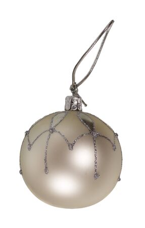 Happy New Year and Merry Christmas. Silver shiny Christmass ball isolated on white backgroundの写真素材