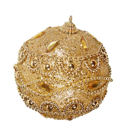 Happy New Year and Merry Christmas. Gold shiny Christmass ball isolated on white backgroundの写真素材