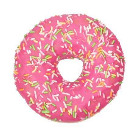 Pink donut isolated on white background. Sweet snack. Top view of fresh donut.の写真素材