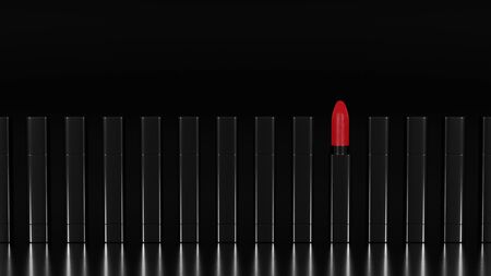 Red lipstick on a black background.Illustration of a set of lipsticks in black holders on a black, reflective background. One red lipstick open.の写真素材
