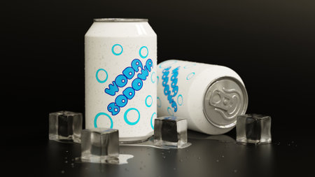 Two cans of soda with ice cubes around and water spots. CGI graphics made in Blender.