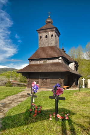 Picturesque view of the wooden church with shingle roof in the village of UliÄskÃ© KrivÃ©, Eastern Slovakiaの写真素材