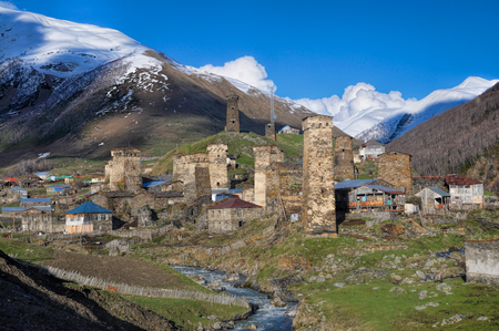 Close-up view of a group go houses in Mestia, Georgia の写真素材