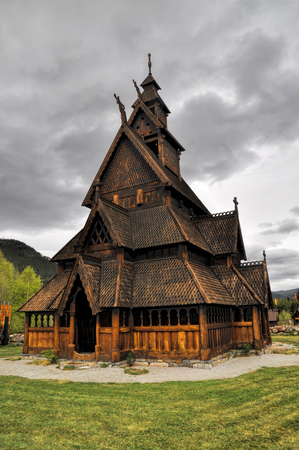 Scenic front view of Gol, wooden church in Norway   の写真素材