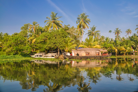 Picturesque houseboat traditional for Alleppey region in Indiaの写真素材