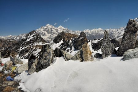 Panoramic view of mountains peaks in Kangchenjungaの写真素材