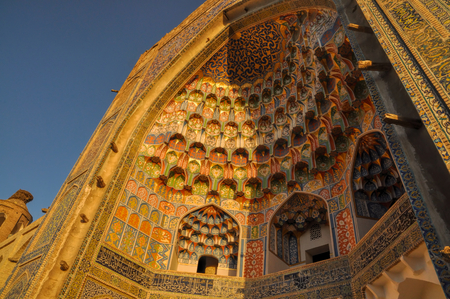 Side-view of the intricate wood carvings in Abdulaziz Khan Madrassah (Museum of Wood Carving Art), Uzbekistanのeditorial素材