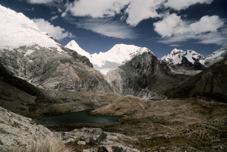 Stunning view of highest mountain peaks in Peruvian Andes, Cordillera Blancaの写真素材