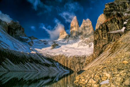 Beautiful dramatic view of Torres del Paine in south American Andesの写真素材