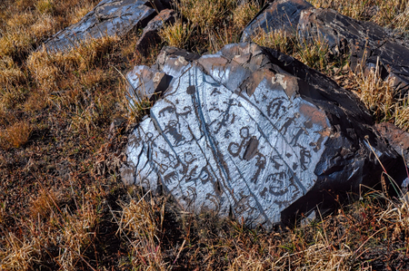 Ancient pictograms engraved on rock on Saimaluu Tash site in Kyrgyzstanの写真素材
