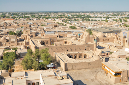 Aerial view of old town in Khiva, Uzbekistan with large palaceのeditorial素材