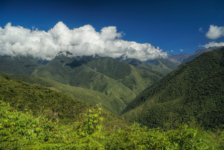 Picturesque green valley in Andes mountains in Bolivia on Choro trekの写真素材