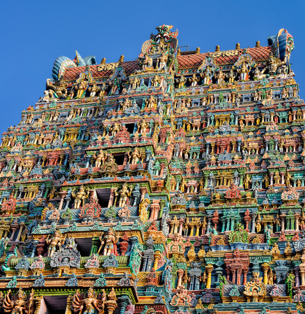 Colorful tower of Meenakshi Amman Temple in Indiaの写真素材