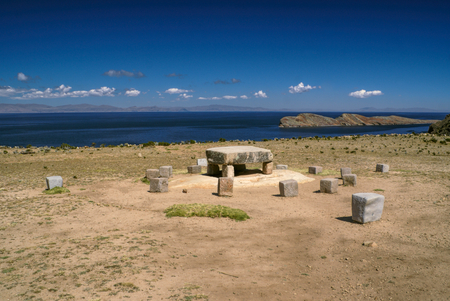 Ancient stones on Isla del Sol, island on lake Titicaca in Boliviaの写真素材