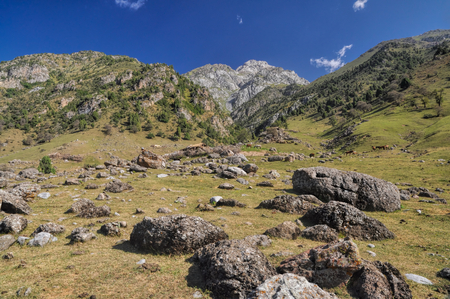 Scenic landscape in mountain range Tien-Shan in Kyrgyzstanの写真素材