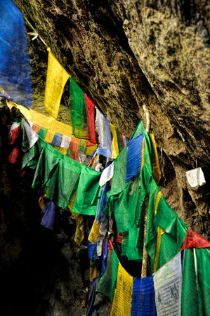 Colorful buddhist prayer flags in Arunachal Pradesh, Indiaの写真素材