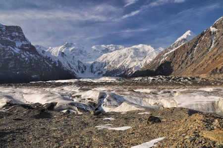 Scenic Engilchek glacier with picturesque Tian Shan mountain range in Kyrgyzstanの写真素材