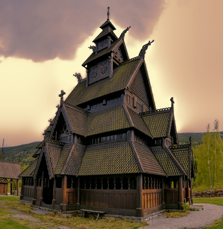 Gol Stave Church in Norway on cloudy day