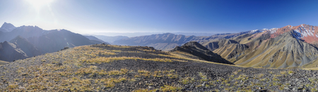 Scenic panorama of highest mountain peaks in Ala Archa national park in Tian Shan mountain range in Kyrgyzstanの写真素材