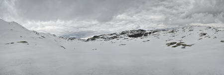 Scenic panorama of frosty landscape in Norwayの写真素材
