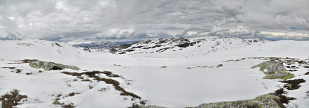 Scenic panorama of frosty landscape in Norwayの写真素材
